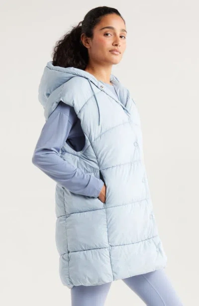 Zella Longline Hooded Puffer Vest In Blue