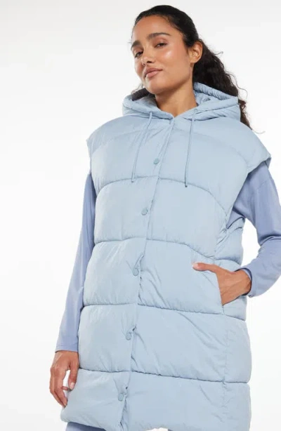 Zella Longline Hooded Puffer Vest In Blue
