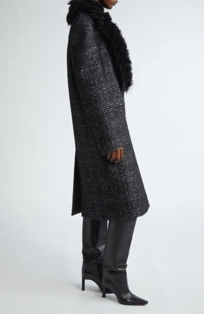 Michael Kors Collection Glen Plaid Chesterfield Coat With Faux Fur Collar In Black