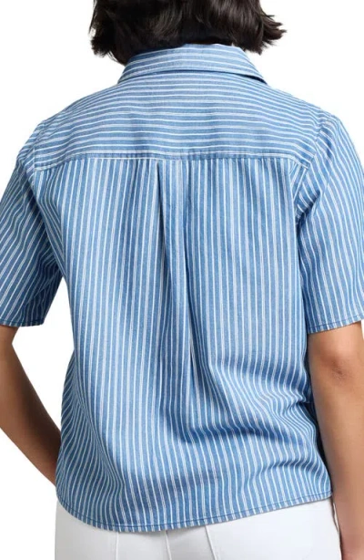 Jones New York Stripe Short Sleeve Chambray Button-up Shirt In Blue