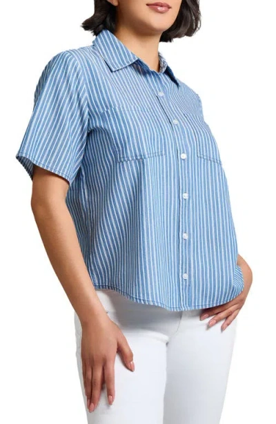 Jones New York Stripe Short Sleeve Chambray Button-up Shirt In Blue