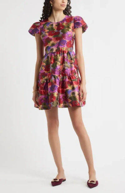Chelsea28 Puff Sleeve Floral Jacquard Tiered Dress In Multi