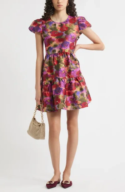 Chelsea28 Puff Sleeve Floral Jacquard Tiered Dress In Multi