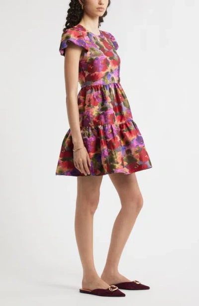 Chelsea28 Puff Sleeve Floral Jacquard Tiered Dress In Multi