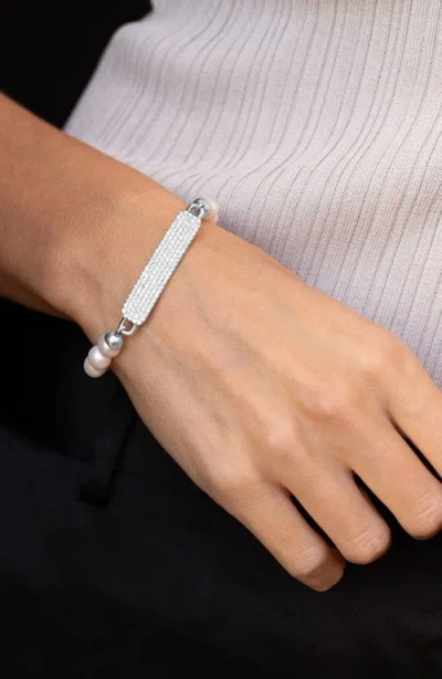 Sheryl Lowe Small Diamond Id Tag On Pearl Bead Bracelet