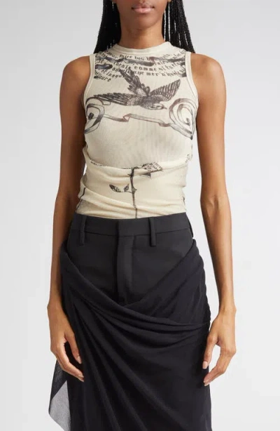 Jean Paul Gaultier Tattoo Print Double Layer Mesh Tank In Neutral