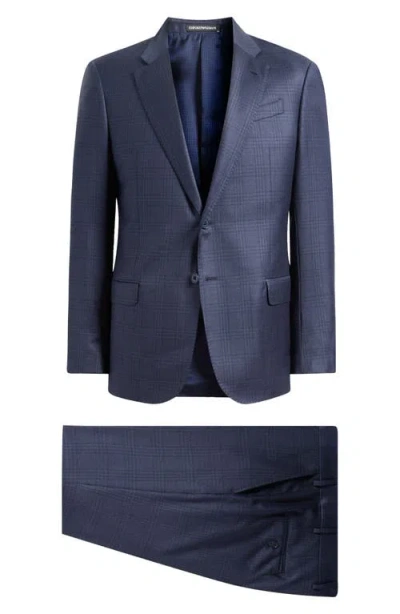 Emporio Armani Navy Blue Check Wool Suit In Blue