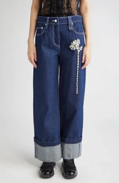 Simone Rocha Crystal Carnation High Waist Cuffed Carpenter Boyfriend Jeans