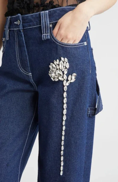 Simone Rocha Crystal Carnation High Waist Cuffed Carpenter Boyfriend Jeans