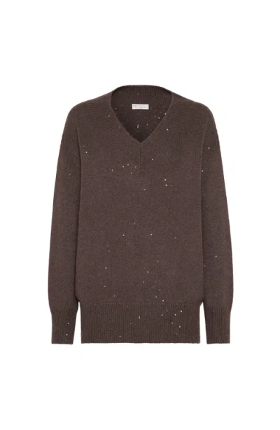 Brunello Cucinelli Cashmere And Silk Diamond Yarn Sweater In Brown