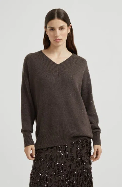 Brunello Cucinelli Cashmere And Silk Diamond Yarn Sweater In Brown