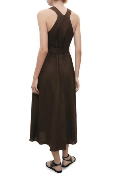 Mango Sleeveless Belted Linen Midi Dress In Brown