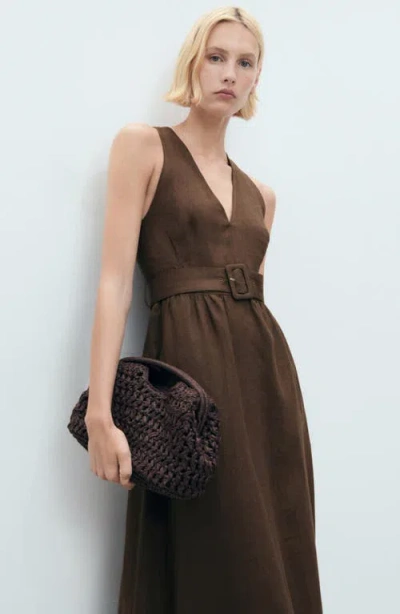 Mango Sleeveless Belted Linen Midi Dress In Brown