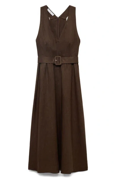Mango Sleeveless Belted Linen Midi Dress In Brown