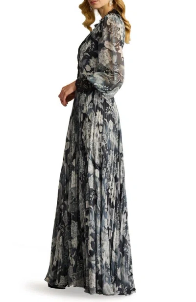 Tadashi Shoji Paisley Floral Lace Detail Long Sleeve Pleated Georgette Gown In Gray