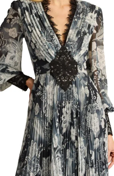 Tadashi Shoji Paisley Floral Lace Detail Long Sleeve Pleated Georgette Gown In Gray