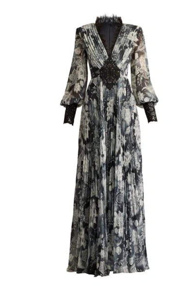 Tadashi Shoji Paisley Floral Lace Detail Long Sleeve Pleated Georgette Gown In Gray