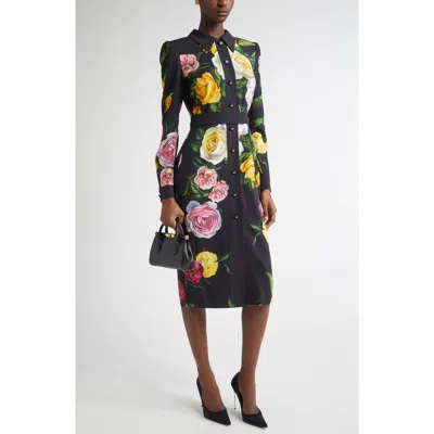 Dolce & Gabbana Dolce&gabbana Rose & Peony Floral Long Sleeve Stretch Cady Shirtdress