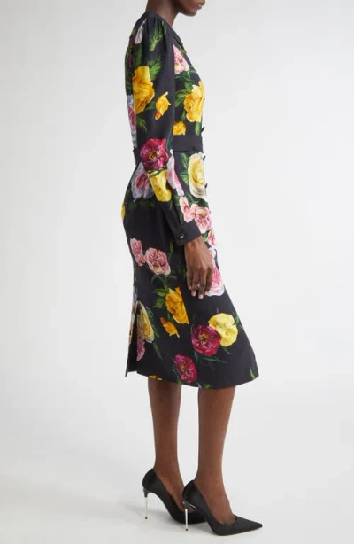 Dolce & Gabbana Dolce&gabbana Rose & Peony Floral Long Sleeve Stretch Cady Shirtdress