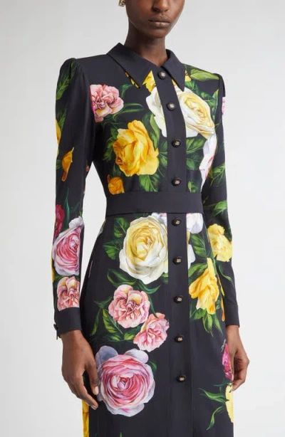 Dolce & Gabbana Dolce&gabbana Rose & Peony Floral Long Sleeve Stretch Cady Shirtdress