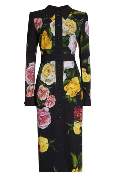 Dolce & Gabbana Dolce&gabbana Rose & Peony Floral Long Sleeve Stretch Cady Shirtdress