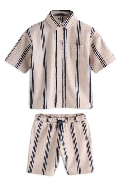 Next Kids' Stripe Knit Short Sleeve Cotton Button-up Shirt & Drawstring Shorts Set In Pink