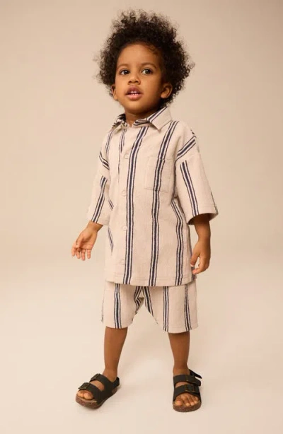 Next Kids' Stripe Knit Short Sleeve Cotton Button-up Shirt & Drawstring Shorts Set In Pink