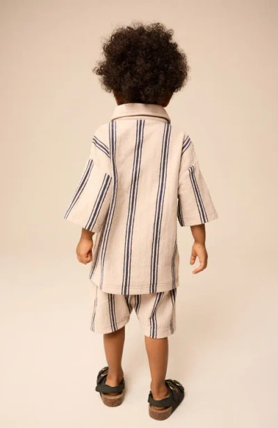 Next Kids' Stripe Knit Short Sleeve Cotton Button-up Shirt & Drawstring Shorts Set In Pink