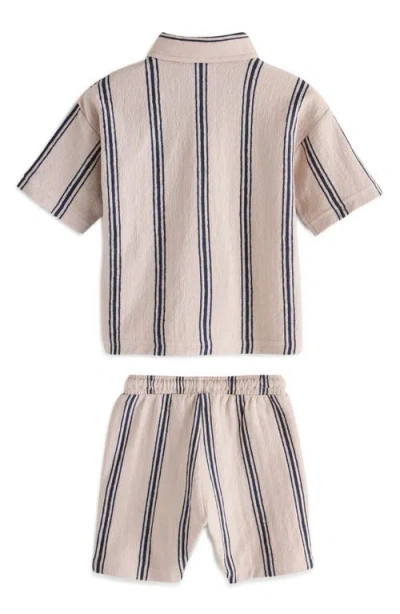 Next Kids' Stripe Knit Short Sleeve Cotton Button-up Shirt & Drawstring Shorts Set In Pink