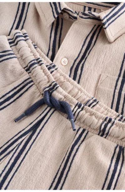 Next Kids' Stripe Knit Short Sleeve Cotton Button-up Shirt & Drawstring Shorts Set In Pink