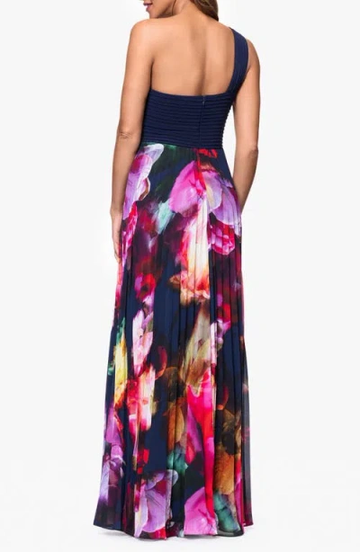 Xscape Evenings One-shoulder Mixed Media Gown In Blue
