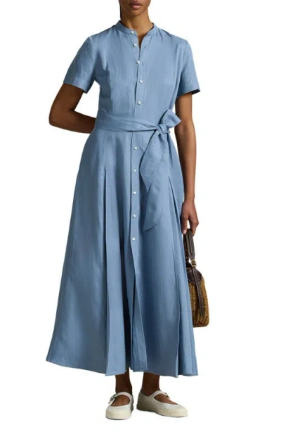 Polo Ralph Lauren Belted Silk Blend Maxi Shirtdress In Blue