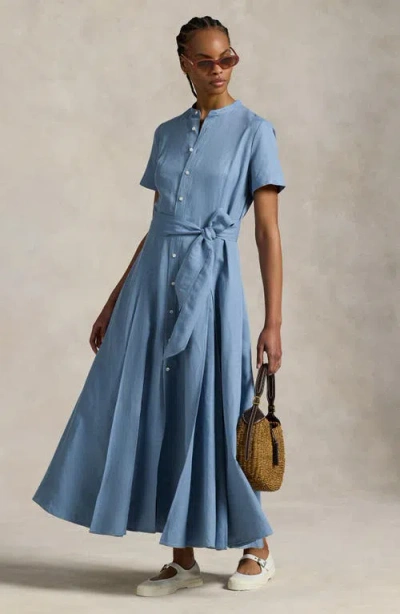 Polo Ralph Lauren Belted Silk Blend Maxi Shirtdress In Blue