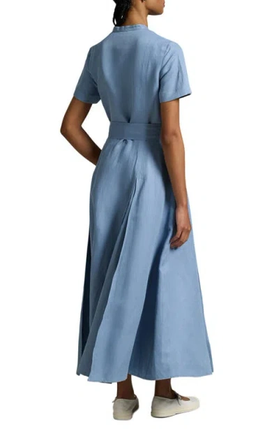 Polo Ralph Lauren Belted Silk Blend Maxi Shirtdress In Blue