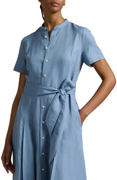 Polo Ralph Lauren Belted Silk Blend Maxi Shirtdress In Blue