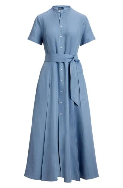 Polo Ralph Lauren Belted Silk Blend Maxi Shirtdress In Blue