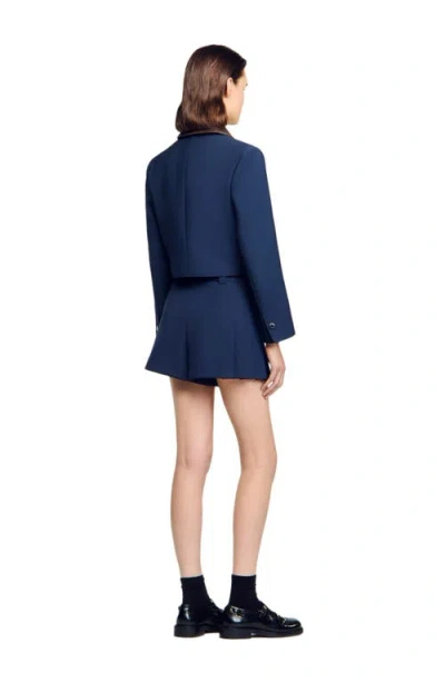 Sandro Womens Contrast-collar Cropped Stretch-woven Jacket Navy Blue In Blue