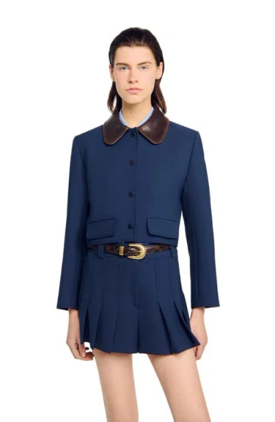 Sandro Womens Contrast-collar Cropped Stretch-woven Jacket Navy Blue In Blue