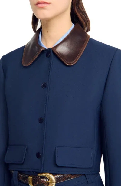 Sandro Womens Contrast-collar Cropped Stretch-woven Jacket Navy Blue In Blue