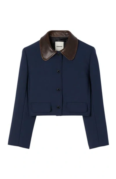 Sandro Womens Contrast-collar Cropped Stretch-woven Jacket Navy Blue In Blue
