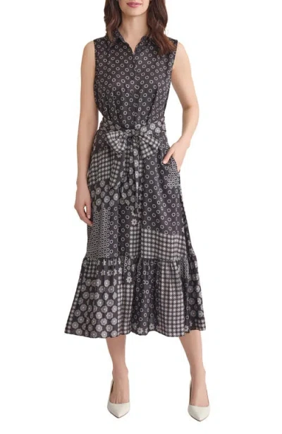Jones New York Print Tie Waist Sleeveless Midi Dress In Black