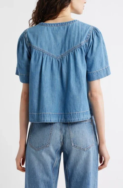 Treasure & Bond Shirred Short Sleeve Chambray Top In Blue