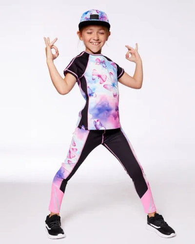 Deux Par Deux Girl's Printed Short Sleeve Athletic Top Pink, Black And Butterfly