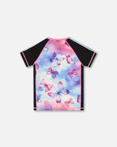 Deux Par Deux Girl's Printed Short Sleeve Athletic Top Pink, Black And Butterfly