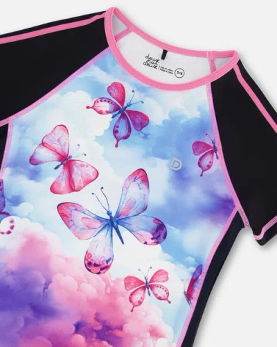 Deux Par Deux Girl's Printed Short Sleeve Athletic Top Pink, Black And Butterfly