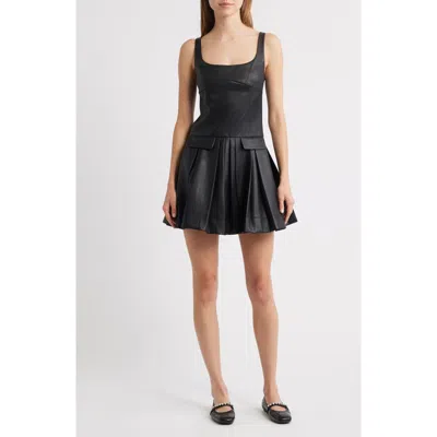 En Saison Pleated Faux Leather Minidress In Black