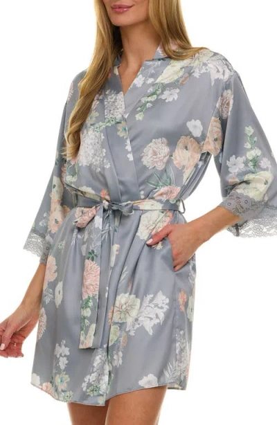 Flora Nikrooz Sabrina Floral Print Satin Short Pajamas & Robe Set In Gray