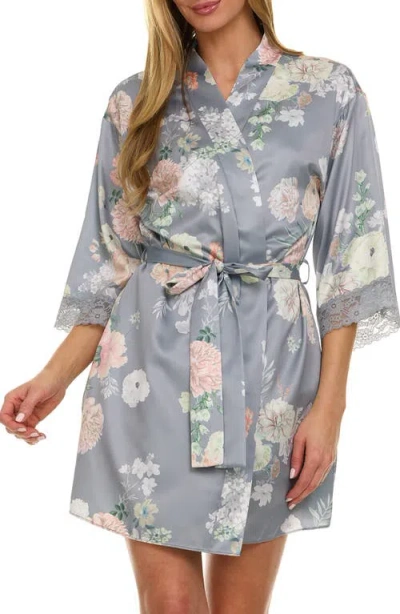 Flora Nikrooz Sabrina Floral Print Satin Short Pajamas & Robe Set In Gray