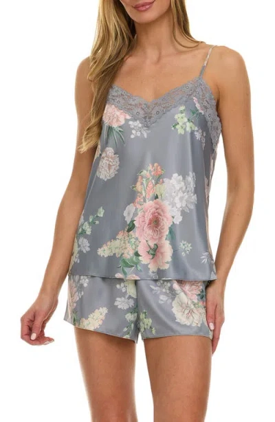 Flora Nikrooz Sabrina Floral Print Satin Short Pajamas & Robe Set In Gray