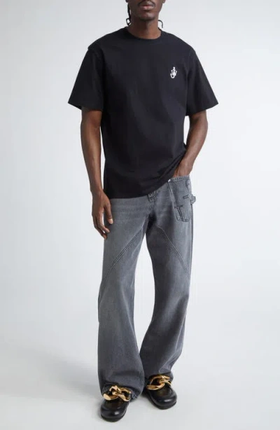Jw Anderson Black Crewneck T-shirt With Anchor Embroidery On The Front In Black